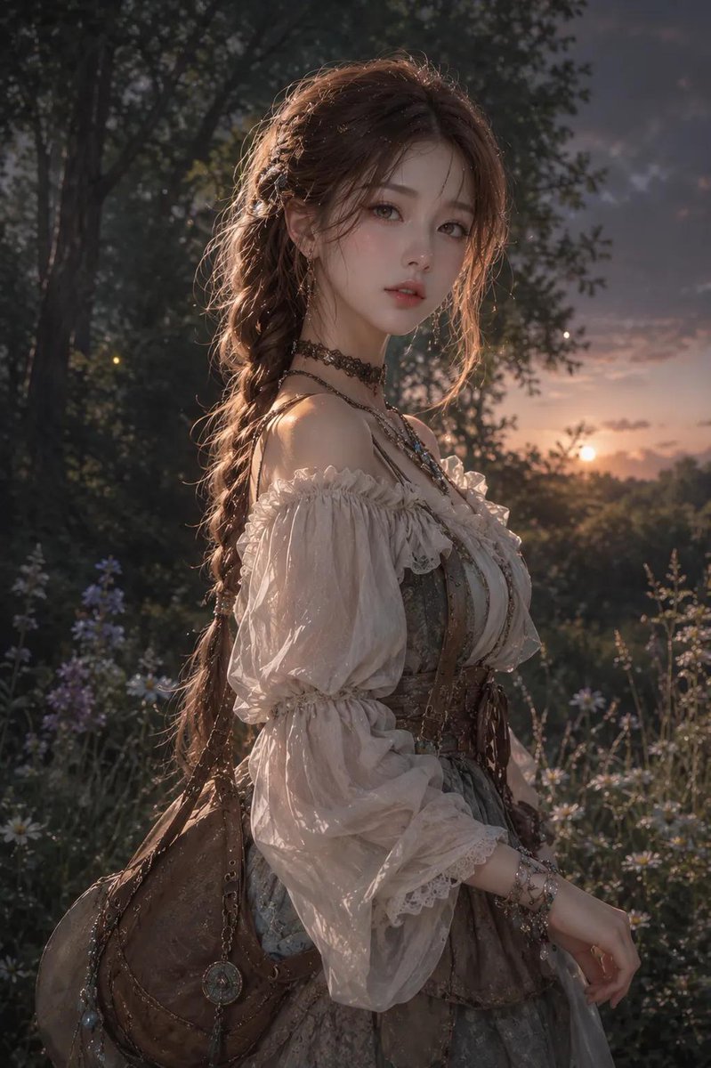 基于上传图片创作的半写实动漫风格20多岁韩国年轻女性，长辫子，飘逸的 peasant 裙，多层项链和手镯，皮质挎包，黄昏时分的林中空地，野花和树木，柔和神秘大地感光线，超写实纹理，数码单反相机...