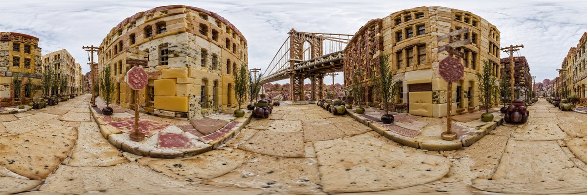 360度全景"街景"视图，展现[RANDOM：由模型选择的纽约某个社区或地标]，以拼盘景观的形式重现，使你理论上可以走进其中。街道地面：[饼干或薄饼]。建筑物：[堆叠的奶酪块]。树木：[迷迭香...