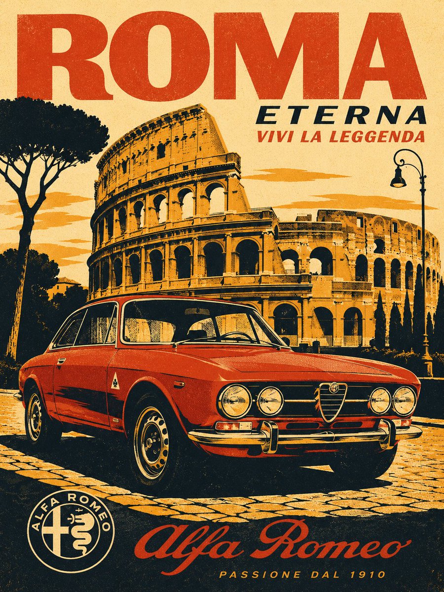 罗马复古意大利汽车旅行海报，标题为“ROMA ETERNA”，前景中一辆经典的红色阿尔法·罗密欧复古轿跑车停泊在阳光普照的鹅卵石街道上，采用低角度电影感的视角拍摄。背景中标志性的罗马斗兽场（C...