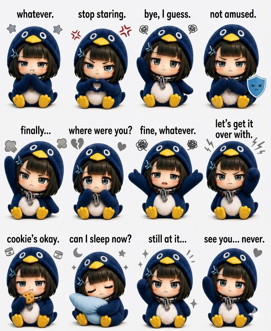 超可爱 kawaii 卡通贴纸图鉴，描绘一个超萌动漫小女孩，穿着超大蓬松蓝色企鹅连帽衫套装，配有黄色企鹅喙帽子，柔软毛绒质感，小小的黄色脚，短黑波波头发型配刘海和蓝色发夹，超大闪亮动漫眼睛，坐...