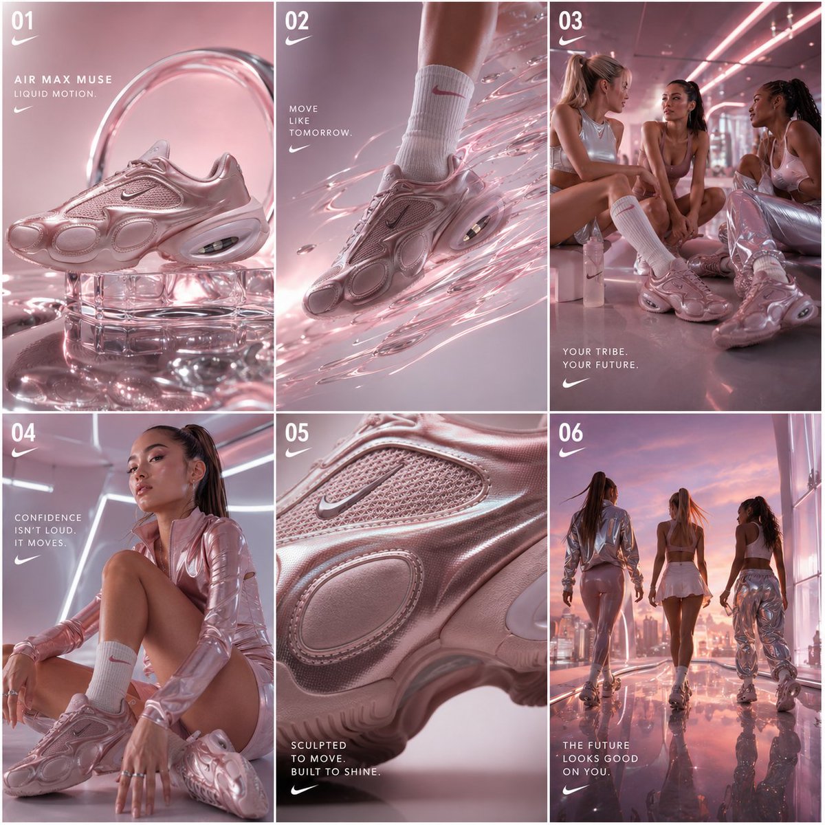 - NIKE AIR MAX MUSE “液态铬金属女性气质” 超高端大师巨型提示词 V1 未来女性气质运动奢华系统 耐克编辑大片 + 美容科技 + 液态铬金属世界观构建 融合未来女性气质、液...