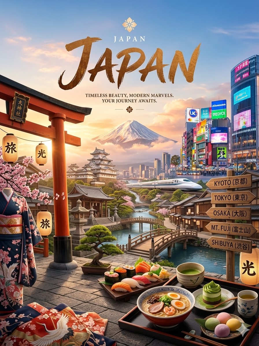 一幅层次丰富的全景式旅游海报，主题为黄金时刻的**日本**，将永恒的传统与未来主义的现代都市生活融为一体。温暖的夕阳光照，电影般的氛围，超精细的照片写实风格数字插画，宽幅构图带来沉浸式纵深感。...