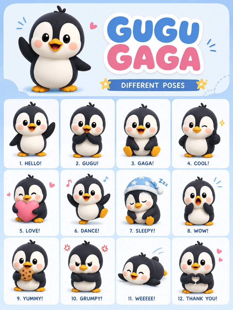 图片由 ChatGPT 上的 GPT image 2 生成 提示词 创建一个名为"Gugu Gaga"的可爱病毒式卡通企鹅角色，采用柔和的 3D 萌系 Q 版风格。设计一个竖版 3:4 海报布...