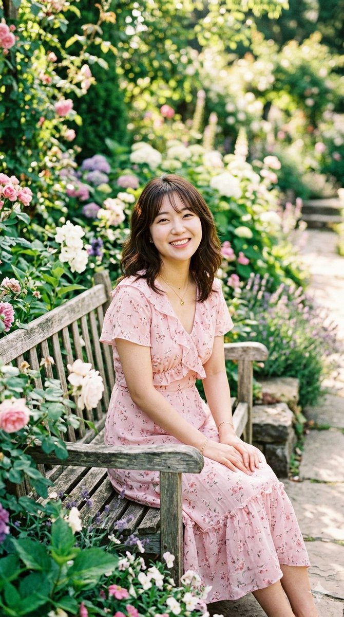 中景镜头：一位性格开朗的东亚女性，留着带刘海的棕色波浪及肩发，在郁郁葱葱、阳光充足的英式花园中温暖微笑。她身穿一件带有精致花卉图案和褶皱细节的浪漫风短袖浅粉粉色中长连衣裙，配饰为简约金色吊坠项...