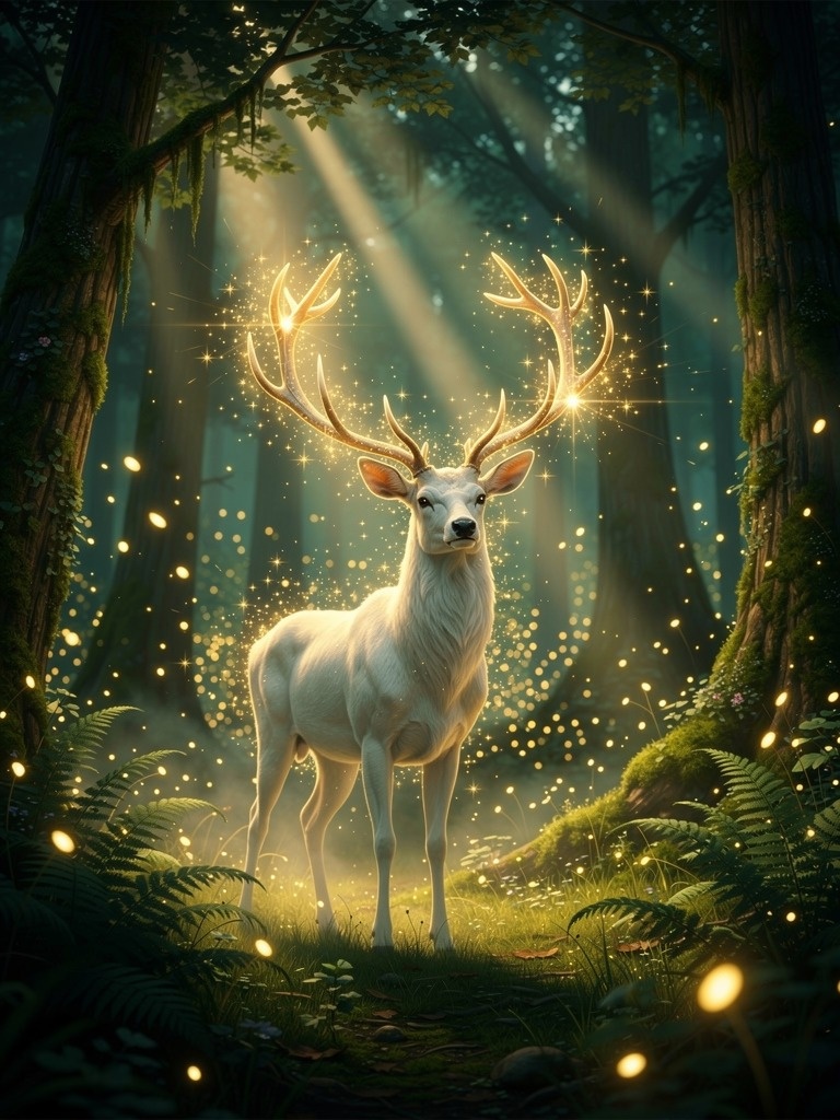 威严的白色雄鹿 🦌 在萤火虫魔法森林中 https://t.co/el6i5Izl6i