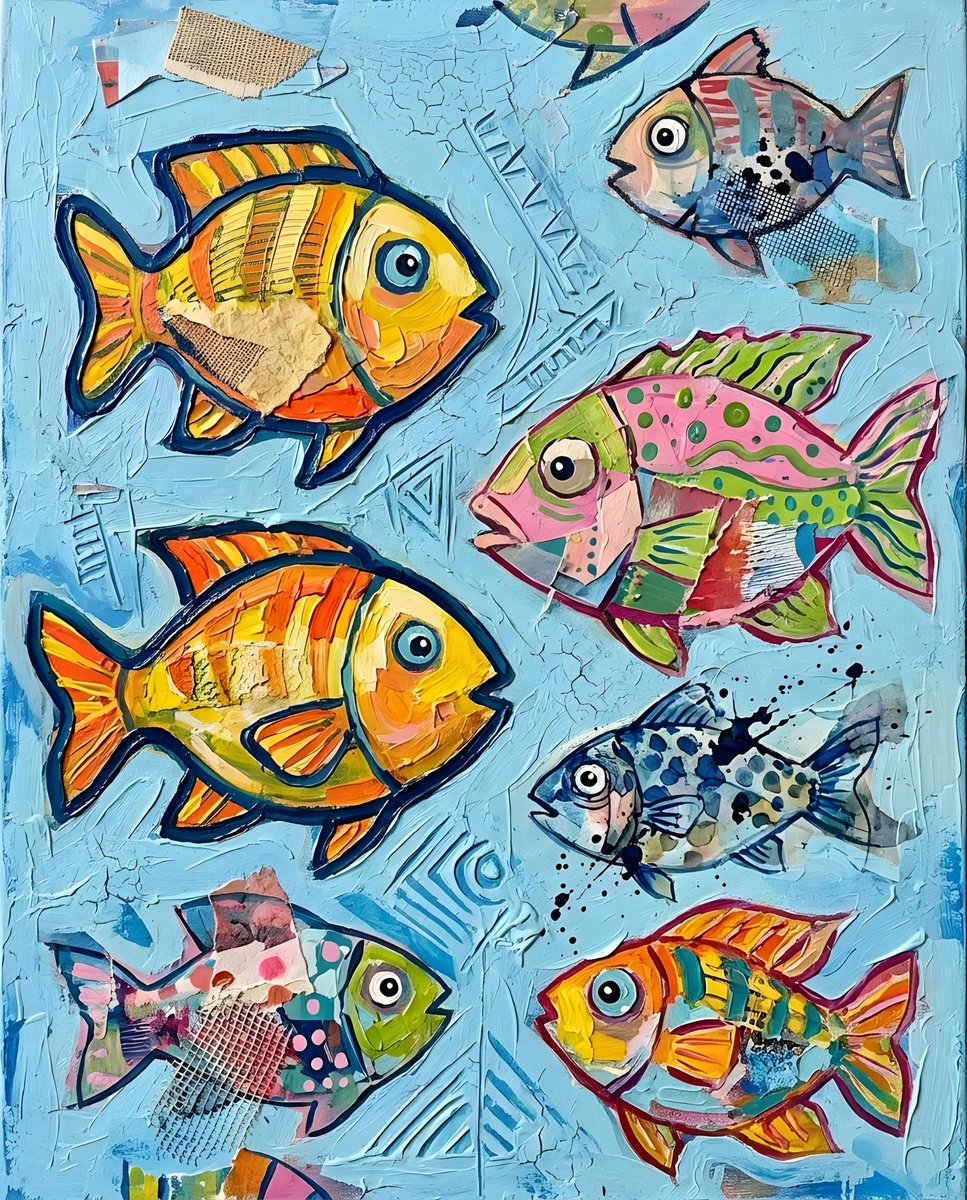 一幅色彩鲜艳的扁平插画，描绘了各种五颜六色的鱼在浅蓝色背景下游动。这些鱼以异想天开的卡通风格呈现，有着粗犷的轮廓和简洁的图案。它们以零散、俏皮的构图排列，有些相互重叠，有些则朝不同方向游动。色...
