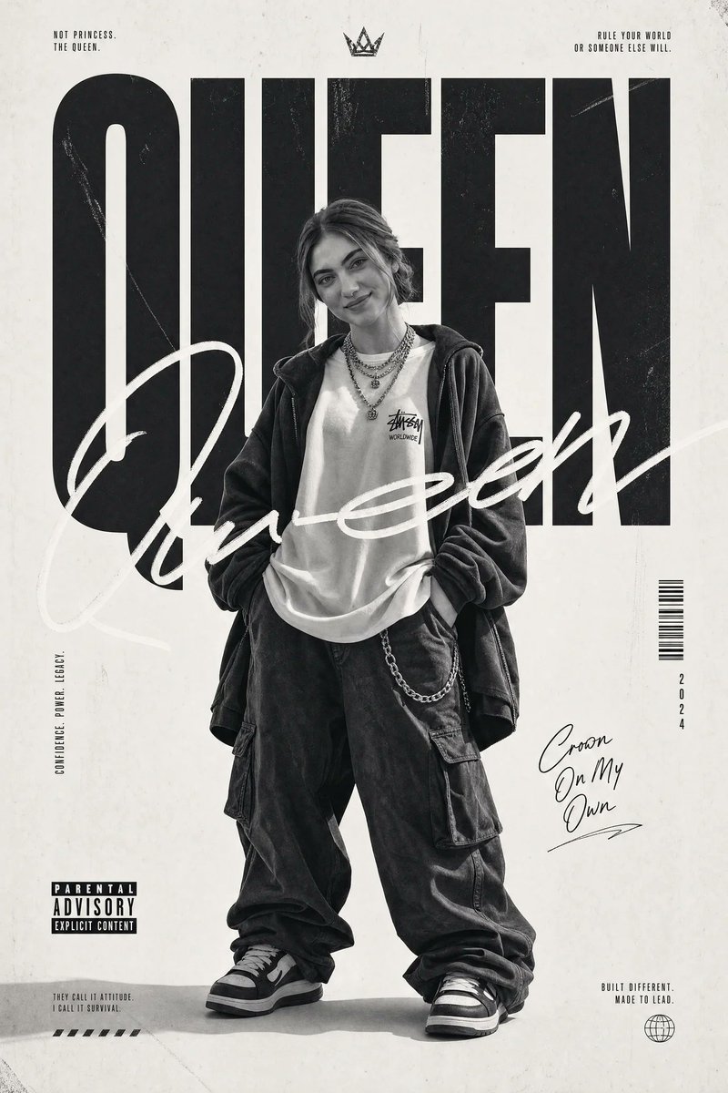 使用我上传的图片作为面部参考。 创作一张大胆的单色街头风编辑海报，画面中展示我上传的人物，穿着超大廓形的都市时装，姿态放松，双手插兜，叠穿宽松单品，搭配运动鞋，呈现出自信且叛逆的态度。主旨关键...