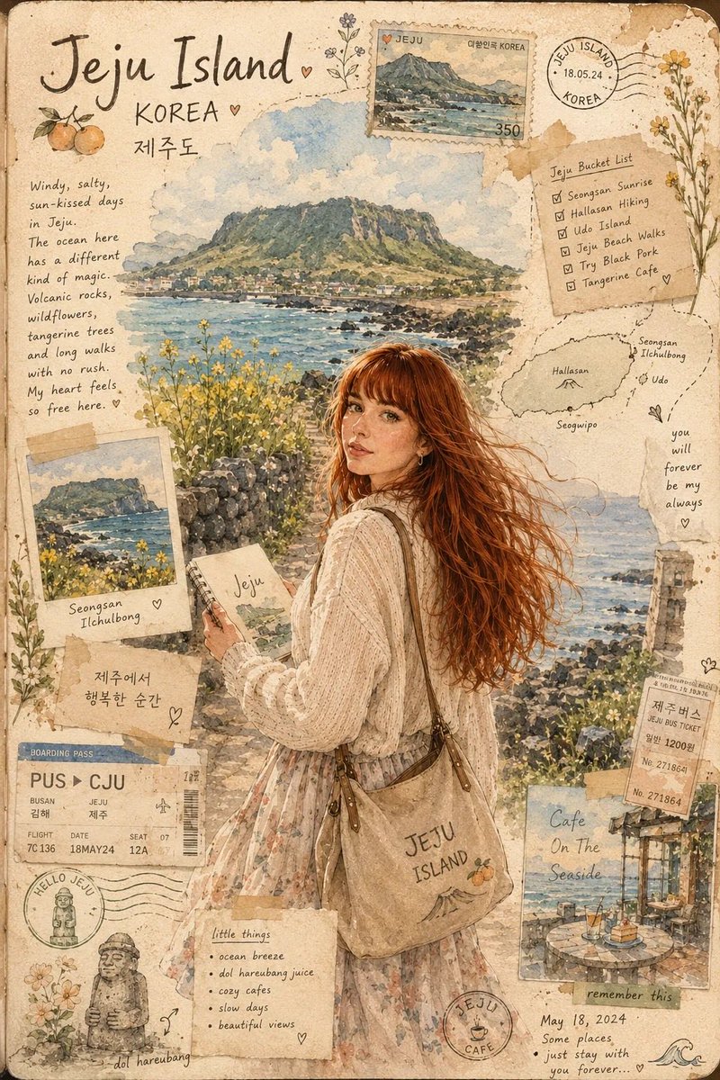 创作一幅梦幻般的手工感 (CITY)旅行手账插画，仿佛一位艺术家在 (COUNTRY) 旅行途中于个人写生本中绘成。 场景：受甘川文化村 + 海...
