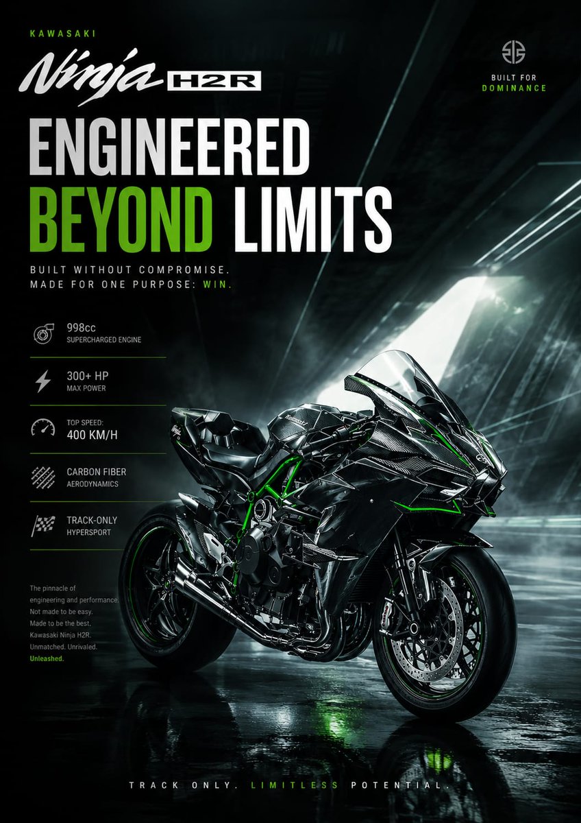 未来感超高端广告海报，主题为川崎 Ninja H2R，设计风格如同世界级 Behance 平面设计作品展示。黑暗电影感地下隧道，带有光滑湿润地面反射，戏剧性的体积光束穿透烟雾，哑光黑与霓虹绿配...