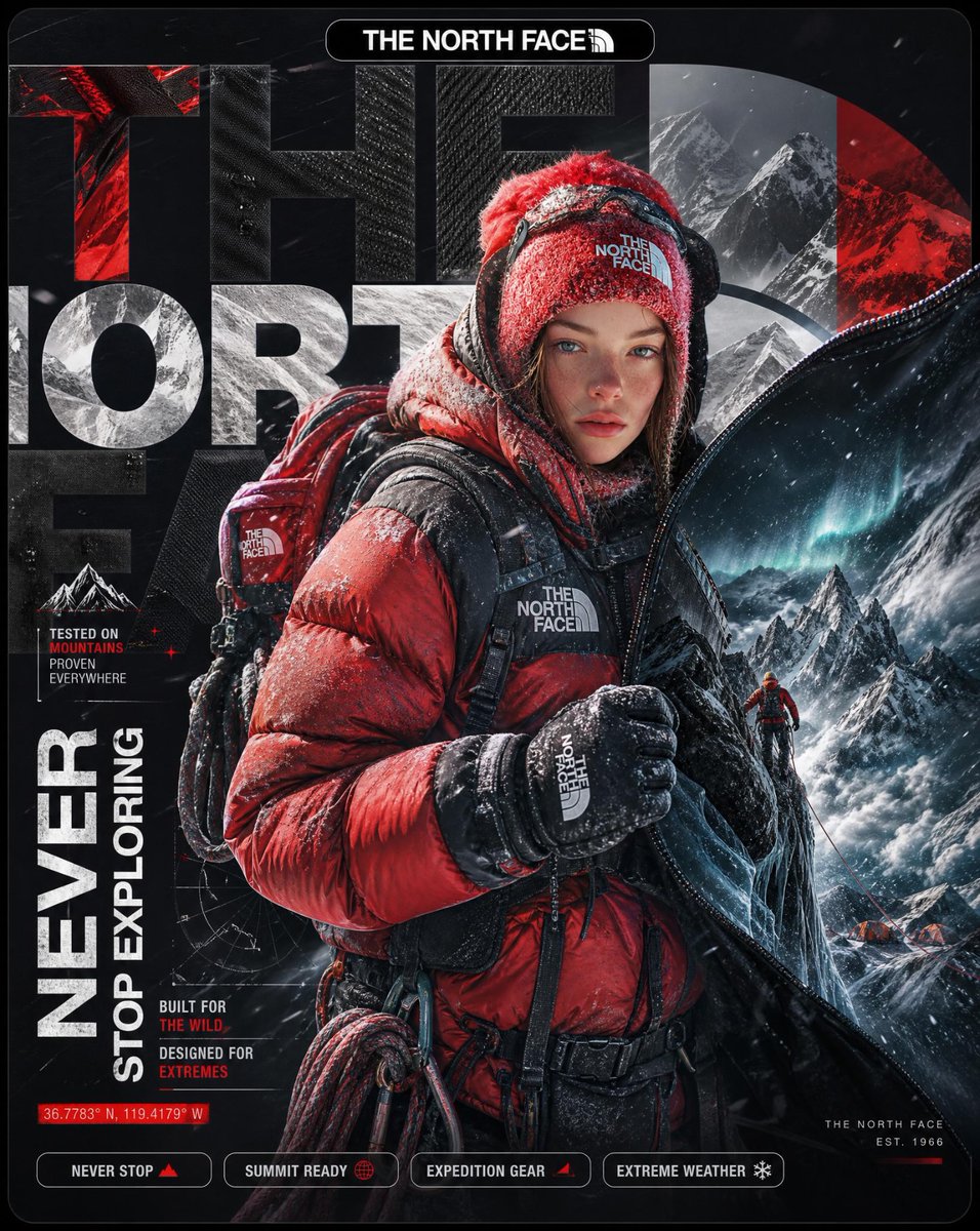The North Face 超写实超现实风格广告海报。 背景： 画面被一个巨大的深色哑光圆角矩形填满，色调采用 The North Face 标志性的黑、白与深红配色。巨型裁切的 THE N...