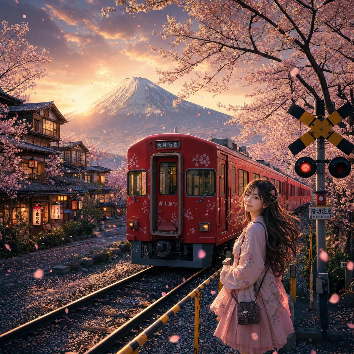 超精细电影感3D动漫写实风格艺术作品，描绘樱花季标志性日本场景：一辆鲜红色的传统日本列车缓缓驶过无尽樱花林，风中漫天粉色花瓣飞舞，背景中富士山柔和发光，温暖日落天空，挂着灯笼灯光的传统木屋，宁...