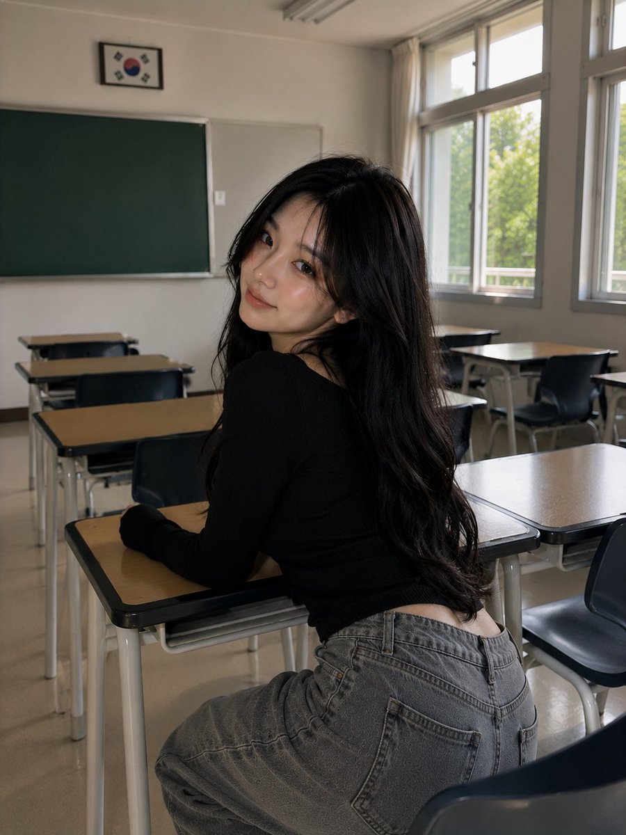 GPT Image 2 在 ChatGPT 上 提示词； 超写实肖像：一位美丽的韩国女性，白天站在空旷的韩国教室的大型教室窗旁，从前侧摆姿势，直视镜头，带着柔和平静的微笑。一只手轻抚秀发，姿态...