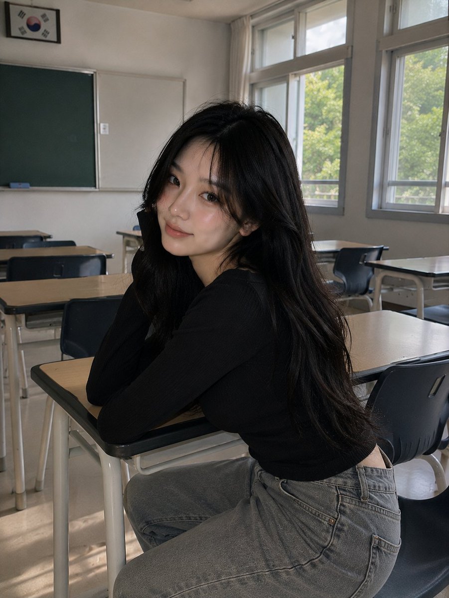 GPT Image 2 在 ChatGPT 上 提示词； 超写实肖像：一位美丽的韩国女性，白天站在空旷的韩国教室的大型教室窗旁，从前侧摆姿势，直视镜头，带着柔和平静的微笑。一只手轻抚秀发，姿态...