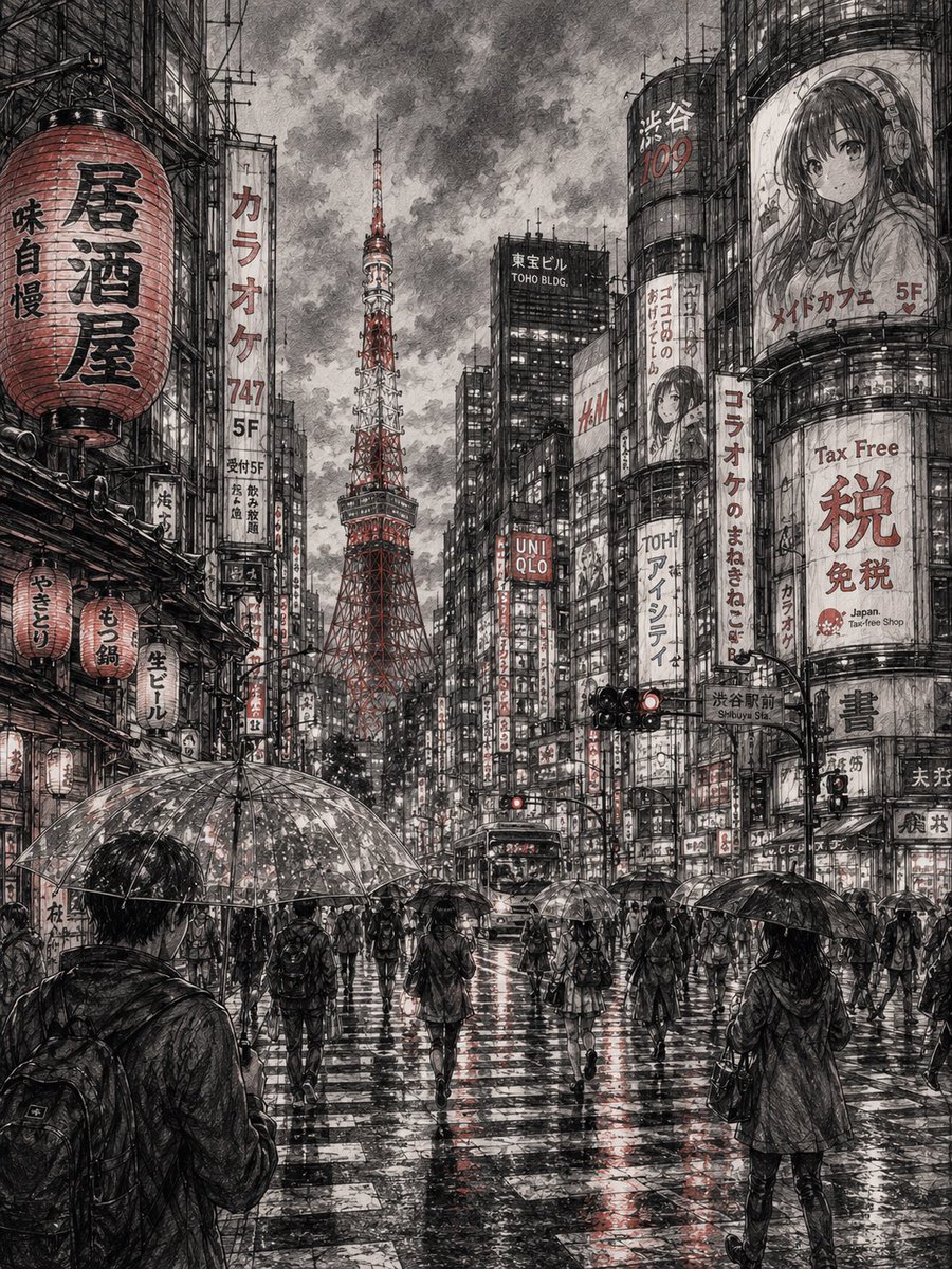 GPT IMAGE 2.0 on Chat GPT 。 1. 东京素描提示词 一幅高度精细的铅笔素描，描绘黄昏时分的东京城市景观，包含东京塔、狭窄的霓虹灯街道、传统的日本灯笼、拥挤的十字路口、...
