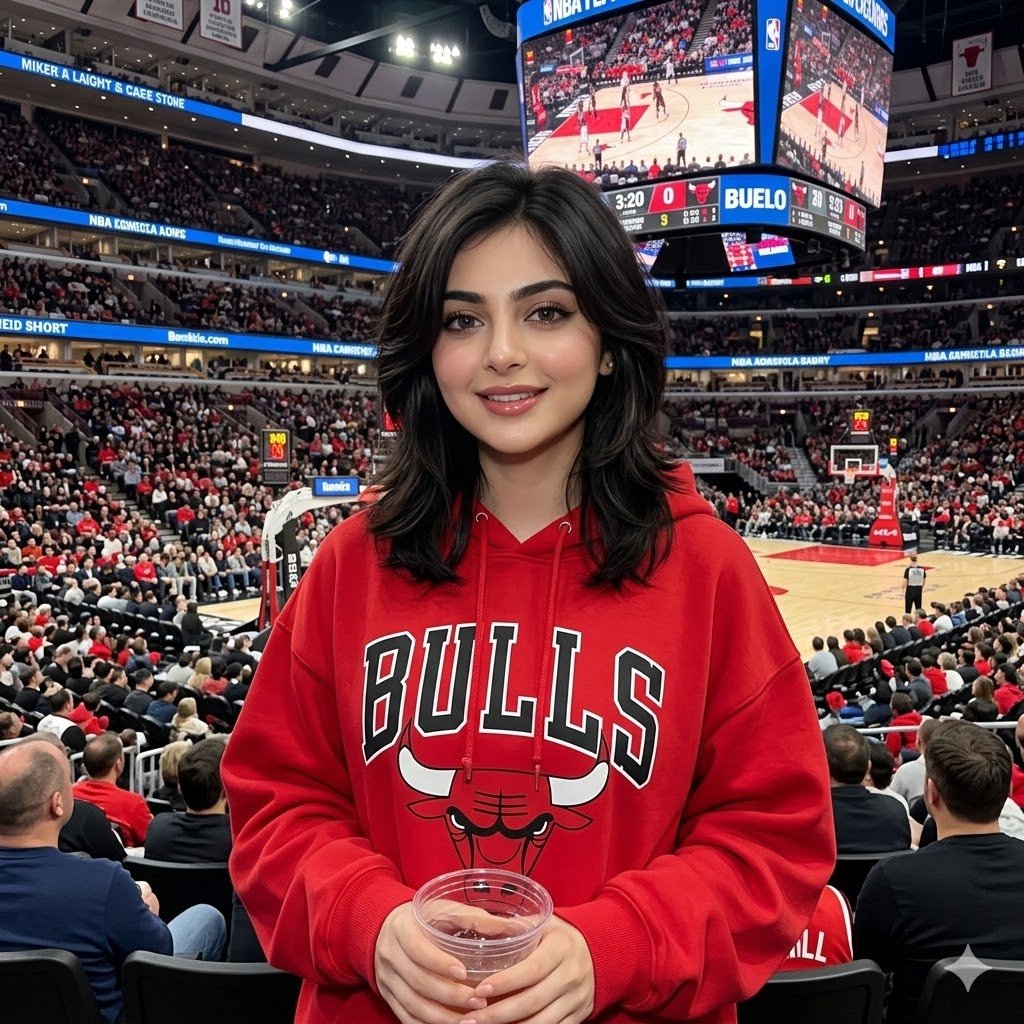 写实风格女性 NBA 观众肖像,腰部以上构图,身穿红色宽松公牛队连帽衫,淡妆配光泽唇,层次感狼尾剪发型,观看比赛时手持饮料杯的放松姿势,背景可见细节清晰不模糊的拥挤篮球体育馆,真实赛场灯光,运...