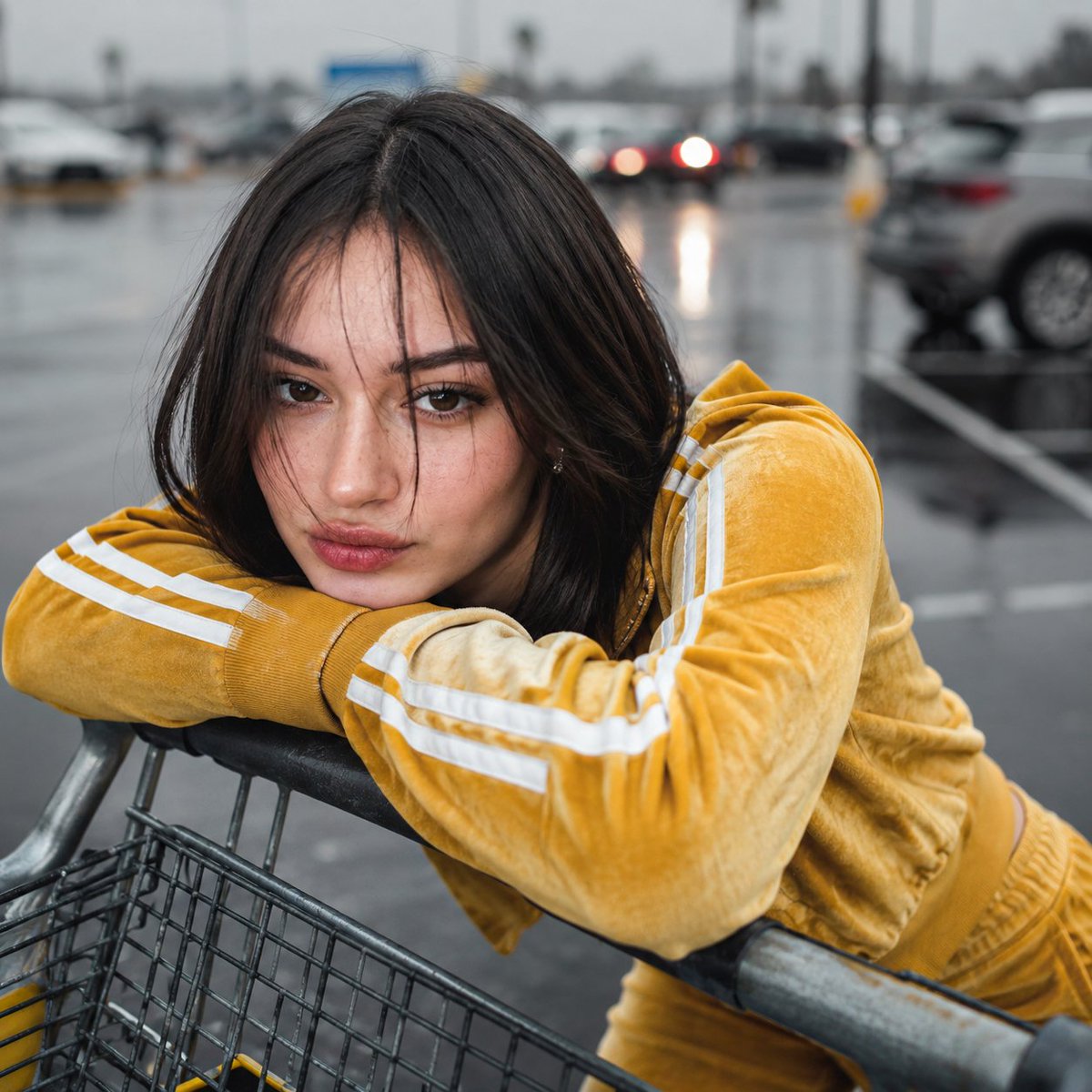 GPT image 2.0 on ChatGPT 🧩 Prompt 1: 超写实特写肖像：一位年轻女子俯身靠在雨后停车场的金属购物推车边缘，身穿带白色条纹的芥末黄复古丝绒运动套装，留着深色短波...