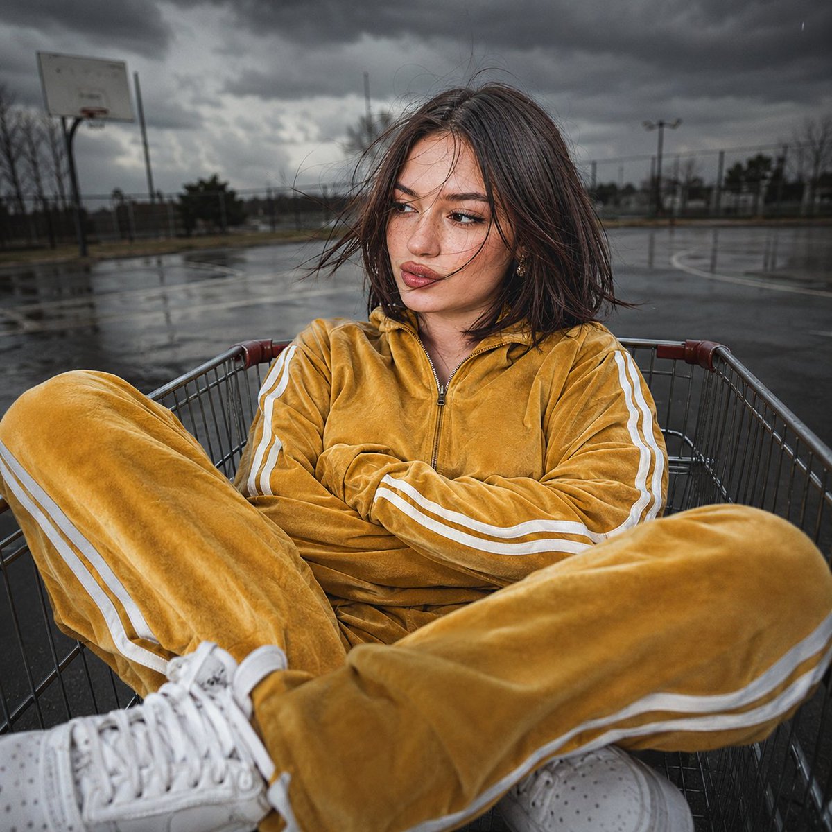GPT image 2.0 on ChatGPT 🧩 Prompt 1: 超写实特写肖像：一位年轻女子俯身靠在雨后停车场的金属购物推车边缘，身穿带白色条纹的芥末黄复古丝绒运动套装，留着深色短波...