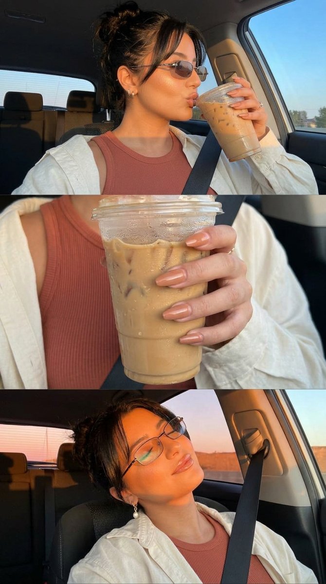 ultra-photorealistic Pinterest-core it-girl content, car-selfie aesthetic, end-of-day sunset dri...