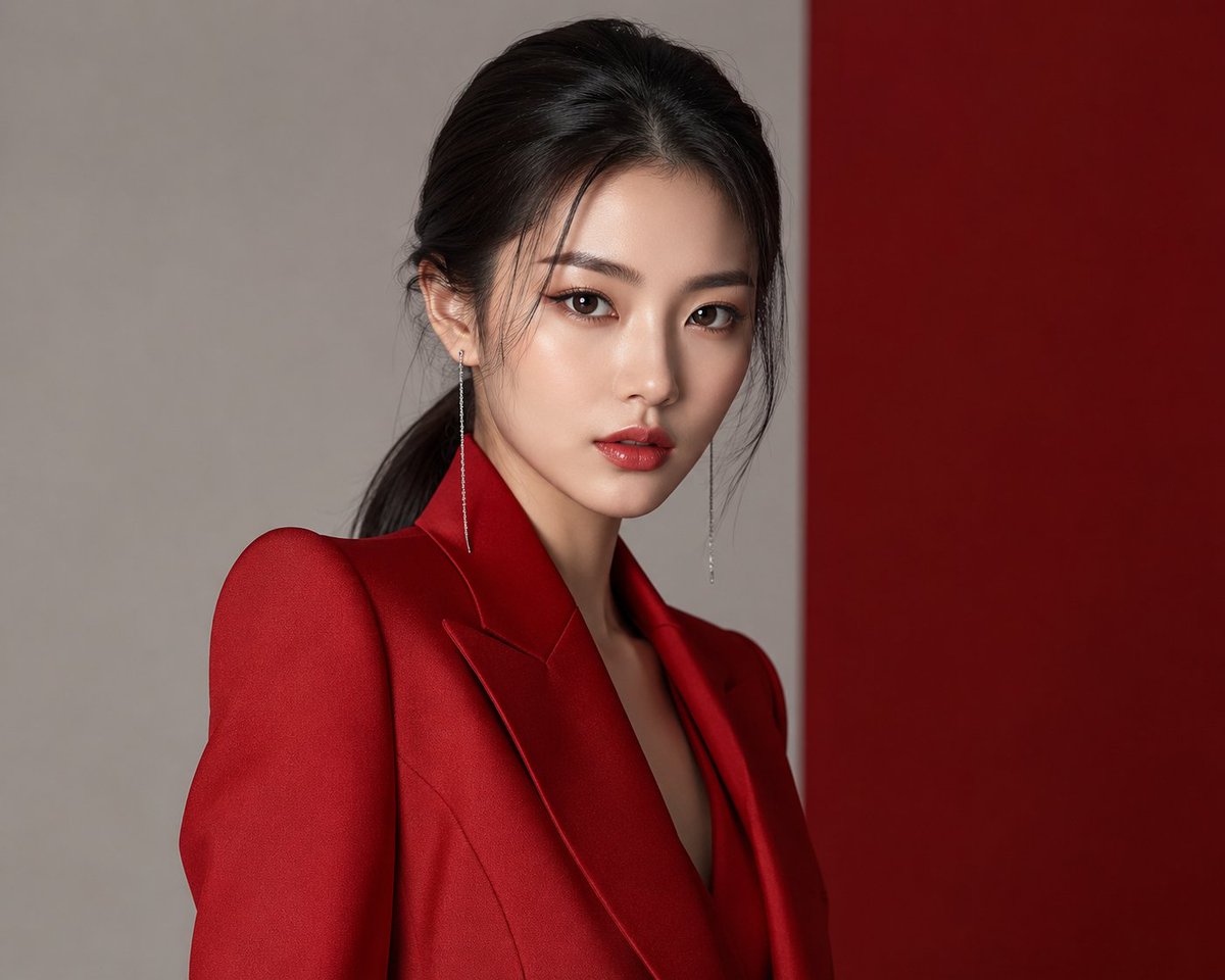 超写实高端韩国时尚编辑风格人像摄影：一位美丽的年轻女性，身着优雅的纯色深红色定制西装外套，肩部结构挺括，整体造型奢华极简。发型为顺滑的低马尾，发丝柔和地修饰脸庞；佩戴细长的银色吊坠耳环；肌肤光...