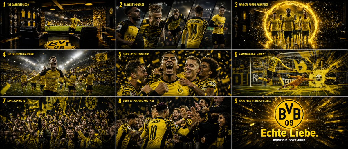 为多特蒙德（Borussia Dortmund）比赛开场电视转播动画制作一个9镜头电影级分镜脚本。该序列应感觉像高端体育商业广告融合了奇幻VFX与爆发性的动态设计能量。 球员首先出现在电视转播...