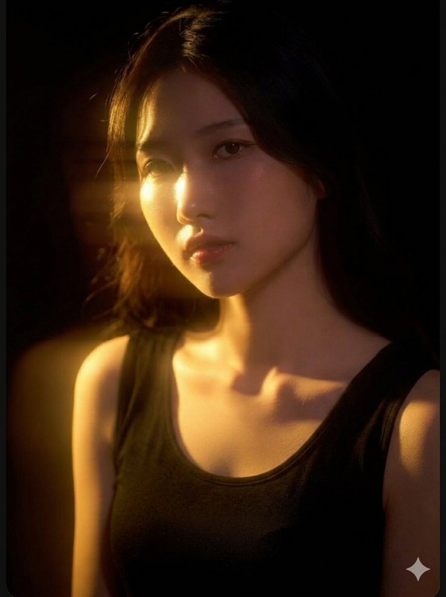 一张垂直构图的特写肖像照，描绘了一位优雅的年轻东亚女性，采用戏剧性的电影级打光风格，背景为深邃的纯黑色。她直视前方，神情柔和而宁静。一道温暖的黄金色光从左侧优雅地闪耀而出，在她的脸颊、锁骨和肩...