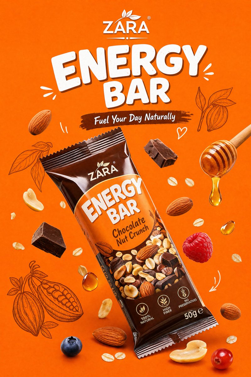 为 [BRAND NAME] 创作一张高端 FMCG 零食产品广告海报。 主题: [能量棒 / 健康零食 / 甜食产品营销活动] 风格与艺术指导: 明亮活泼的商业美学 现代健康零食品牌调性 P...