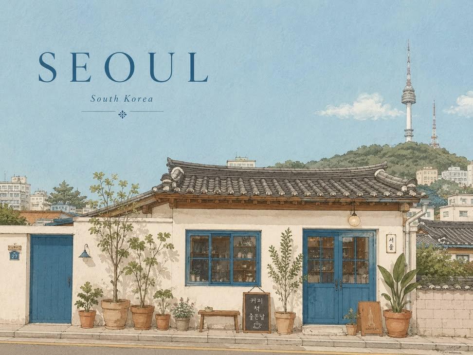 [CITY] = 首尔（Seoul） [COUNTRY] = 韩国（South Korea） [LANDMARK] = [CITY] 一个具有辨识度的地标或景观元素 创作一幅灵感来自 [CIT...
