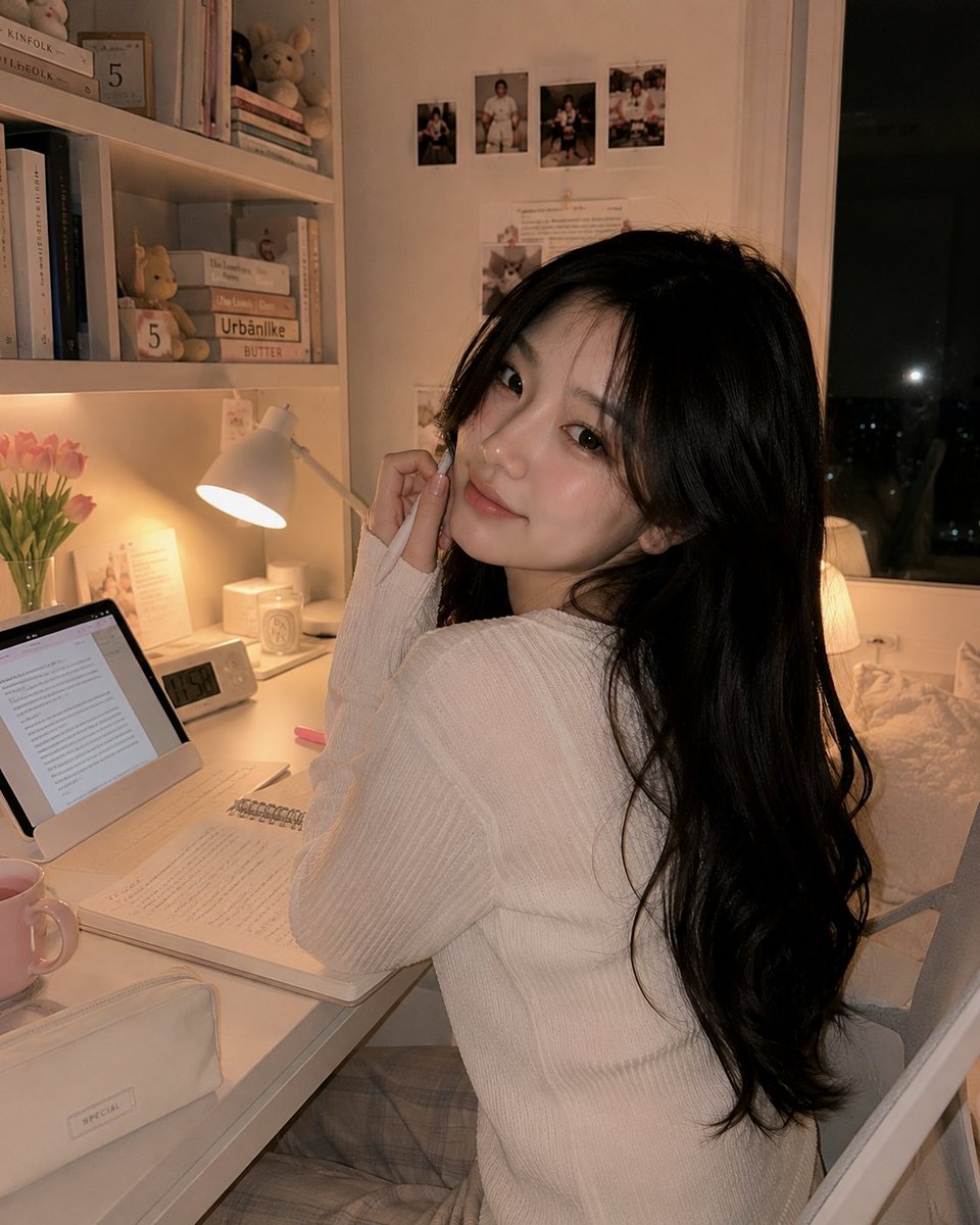 超写实的温馨韩国书房人像：一位美丽的韩国女性夜晚随意地坐在白色书桌上，旁边放着她的笔记本电脑，双膝轻柔地蜷向身体，上半身转向镜头，露出温柔害羞的...