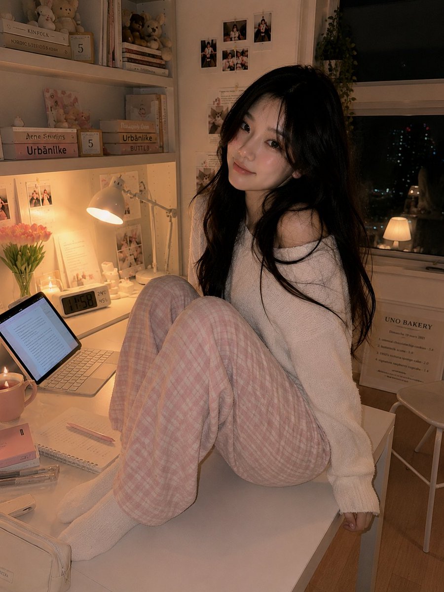 超写实的温馨韩国书房人像：一位美丽的韩国女性夜晚随意地坐在白色书桌上，旁边放着她的笔记本电脑，双膝轻柔地蜷向身体，上半身转向镜头，露出温柔害羞的微笑。身穿柔软的米色一字肩休闲上衣，搭配宽松舒适...