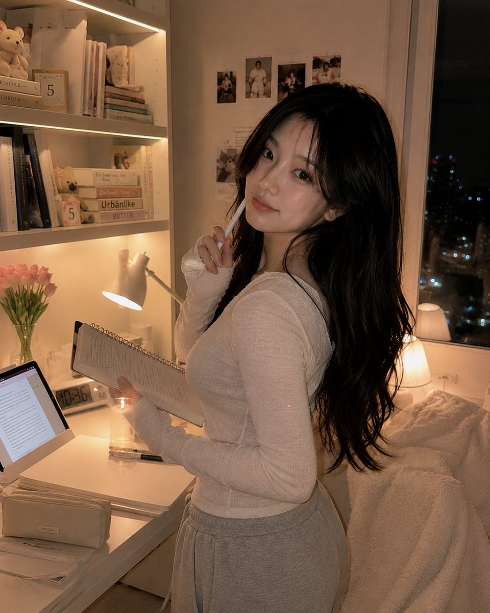 超写实的温馨韩国书房人像：一位美丽的韩国女性夜晚随意地坐在白色书桌上，旁边放着她的笔记本电脑，双膝轻柔地蜷向身体，上半身转向镜头，露出温柔害羞的微笑。身穿柔软的米色一字肩休闲上衣，搭配宽松舒适...