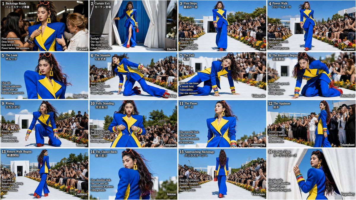 GPT 2 Prompt; 超写实 Vogue / Harper’s Bazaar 故事板，4x4 网格（16 个等大编号画格，以细白线分隔），连续的户外日间时装秀走秀序列。明亮的正午自然阳光...