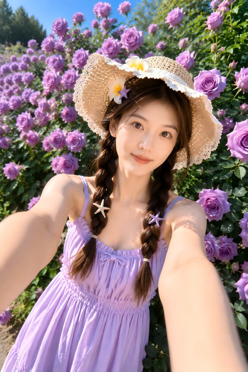 被紫色玫瑰包围的夏日花园自拍🌸 使用 GPT Image 2 生成 Prompt👇 仅将我的上传肖像作为身份参考。只参考本人的真实面部特征、脸型、比例、肤色、发型、发质以及整体自然外观。不要复...