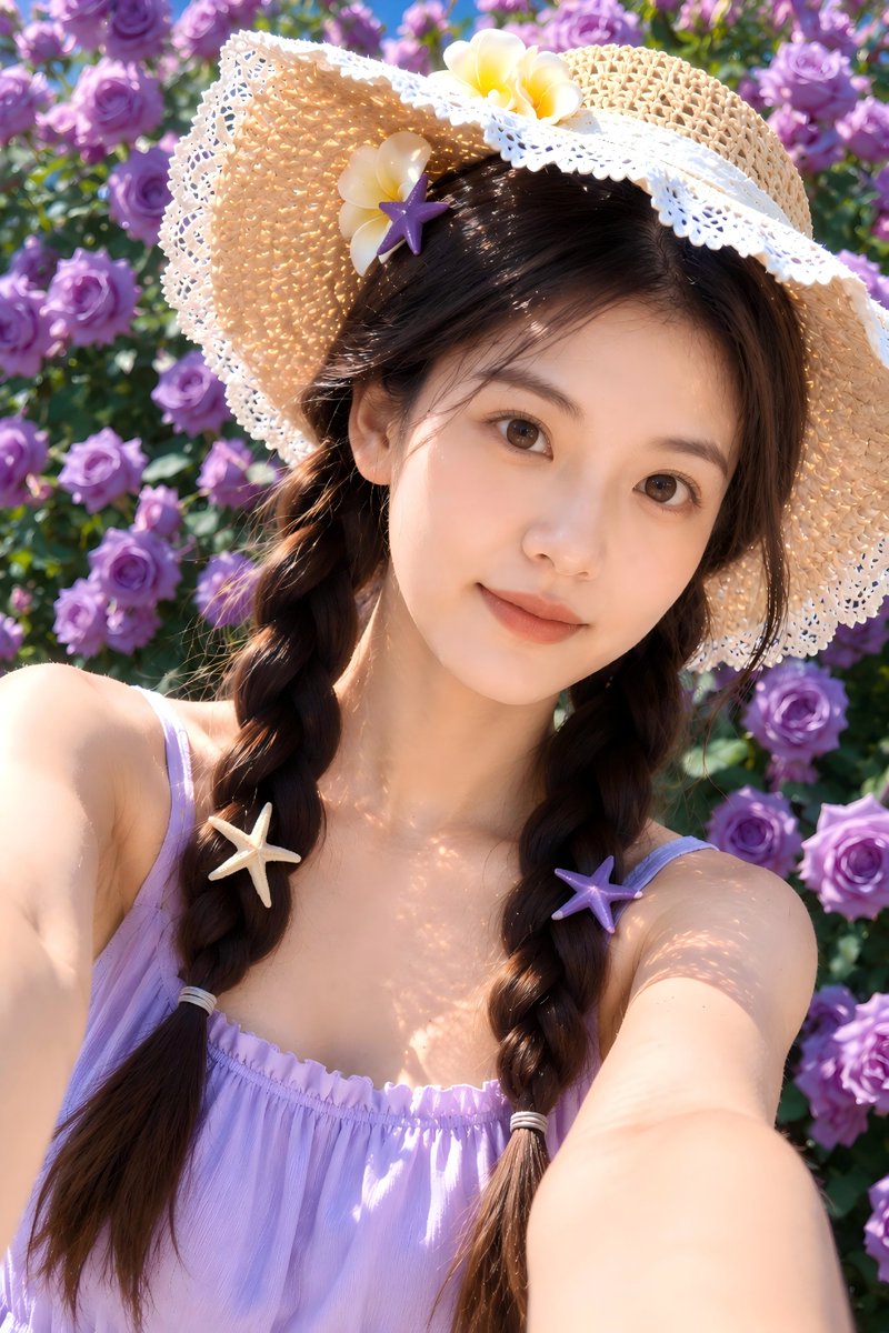 被紫色玫瑰包围的夏日花园自拍🌸 使用 GPT Image 2 生成 Prompt👇 仅将我的上传肖像作为身份参考。只参考本人的真实面部特征、脸型、比例、肤色、发型、发质以及整体自然外观。不要复...
