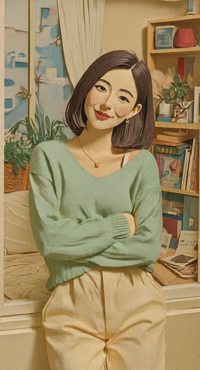 一幅风格化、带有质感的插画，基于一位面带微笑、留着深色短发波波头的女性肖像，她向后倚靠，双臂交叉。她身穿柔软的V领薄荷绿毛衣和米色长裤，佩戴着一条精致的金色项链。背景是一个温馨的室内场景，有窗...