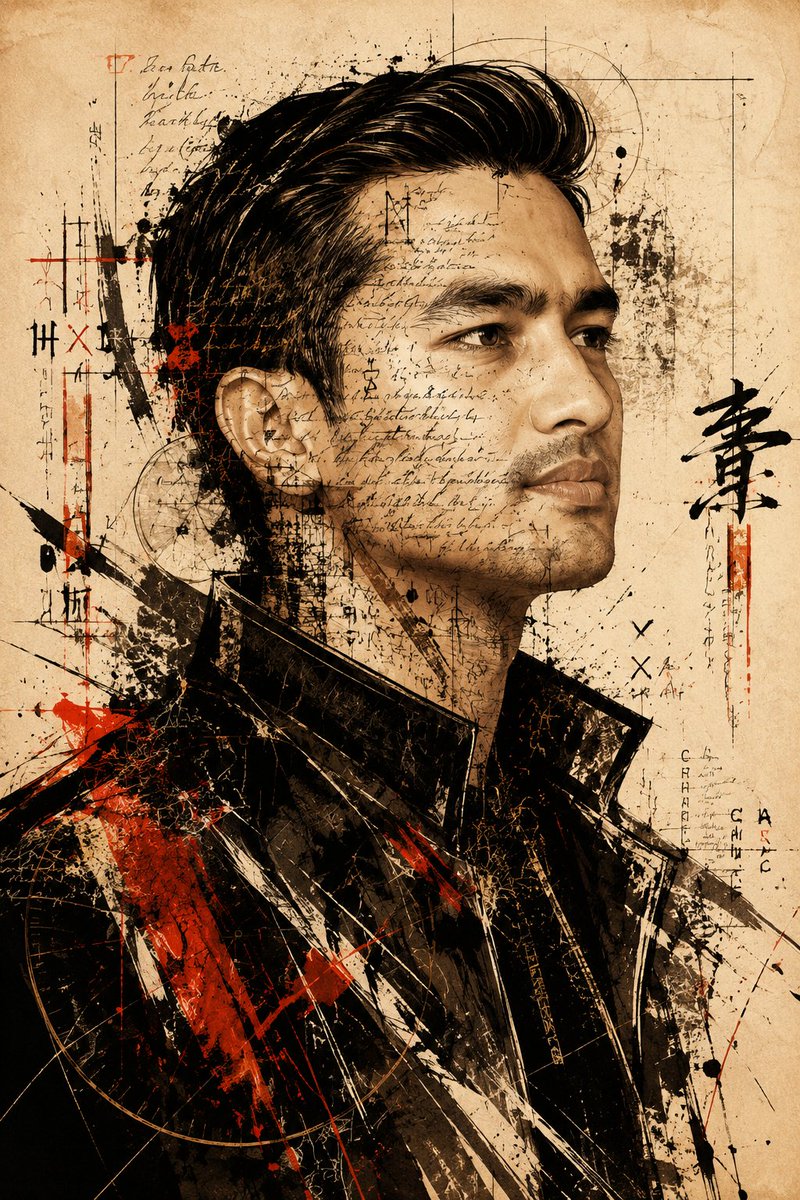 GPT Image 2 在 ChatGPT 上 提示⤵️ 使用上传的照片作为主要面部参考。保留参考图像中准确的面部结构、肤色、胡须形状、鼻子、眼睛和表情。一幅戏剧性强、冲击力高的人像，采用表现...