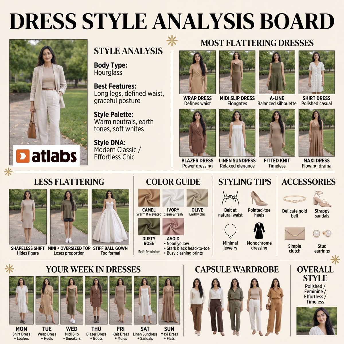 一个高耸的垂直编辑风格"DRESS STYLE ANALYSIS BOARD（连衣裙风格分析板）"，采用温暖的奶油色/米色背景，搭配优雅的衬线体与无衬线字体排版，极简时尚情绪板美学。 顶部版块...