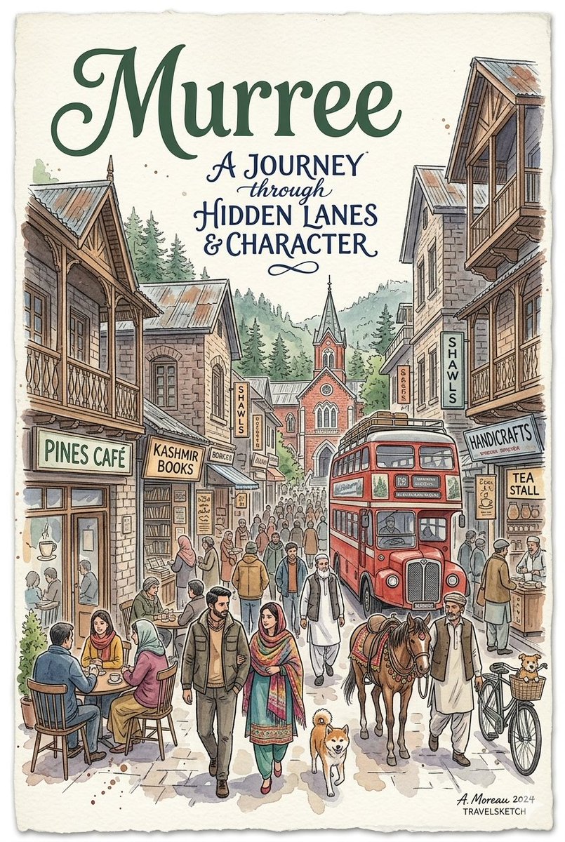 一幅由"A. Moreau 2024, TRAVELSKETCH."创作的、采用细致素描风格的AI生成水彩旅行海报。画面描绘了一条繁忙而富有历史感的街道场景：人群中，一对夫妇在前景中遛着一只柴...