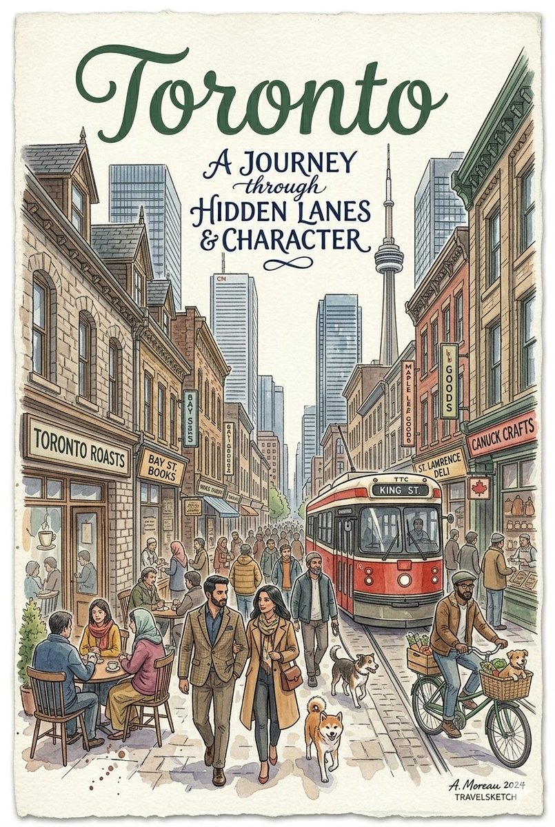 一幅由"A. Moreau 2024, TRAVELSKETCH."创作的、采用细致素描风格的AI生成水彩旅行海报。画面描绘了一条繁忙而富有历史感的街道场景：人群中，一对夫妇在前景中遛着一只柴...