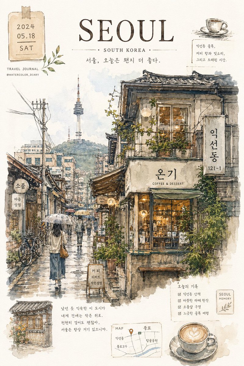 一本关于韩国的美学旅行手账，使用 ChatGPT 上的 GPT Image 2 制作 提示词； 梦幻般的手绘首尔（韩国）旅行海报，采用优雅的城市速写本美学风格，以细腻的钢笔墨线与柔和的水彩层叠...