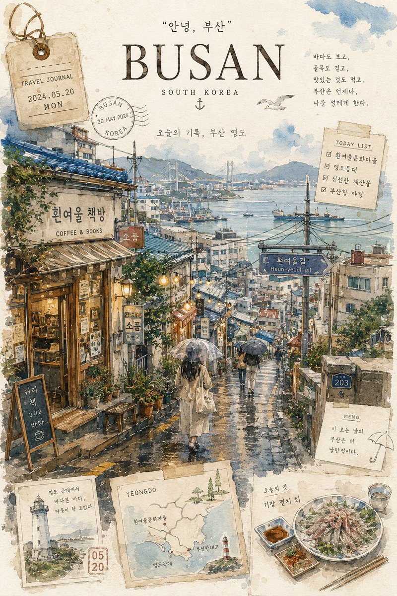 一本关于韩国的美学旅行手账，使用 ChatGPT 上的 GPT Image 2 制作 提示词； 梦幻般的手绘首尔（韩国）旅行海报，采用优雅的城市速写本美学风格，以细腻的钢笔墨线与柔和的水彩层叠...