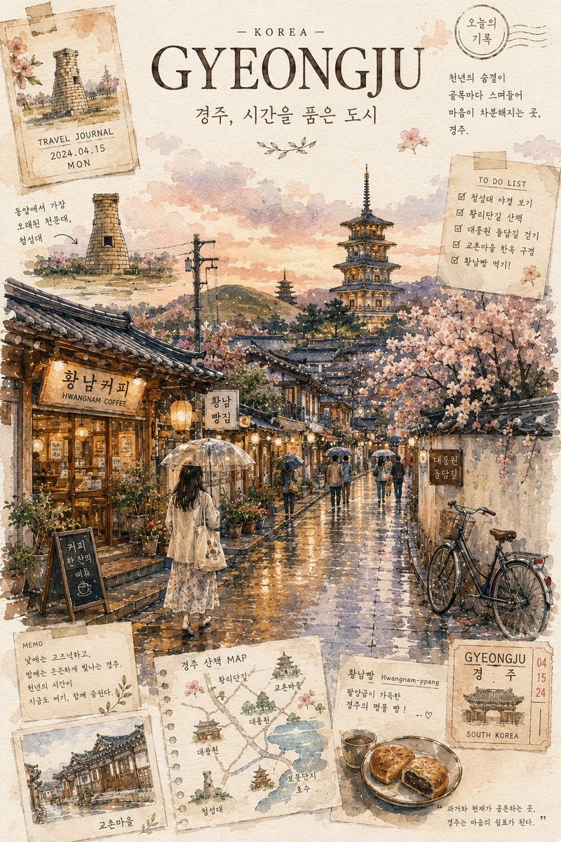一本关于韩国的美学旅行手账，使用 ChatGPT 上的 GPT Image 2 制作 提示词； 梦幻般的手绘首尔（韩国）旅行海报，采用优雅的城市速写本美学风格，以细腻的钢笔墨线与柔和的水彩层叠...