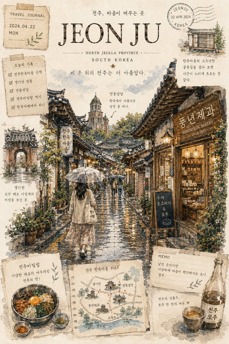 一本关于韩国的美学旅行手账，使用 ChatGPT 上的 GPT Image 2 制作 提示词； 梦幻般的手绘首尔（韩国）旅行海报，采用优雅的城市速写本美学风格，以细腻的钢笔墨线与柔和的水彩层叠...