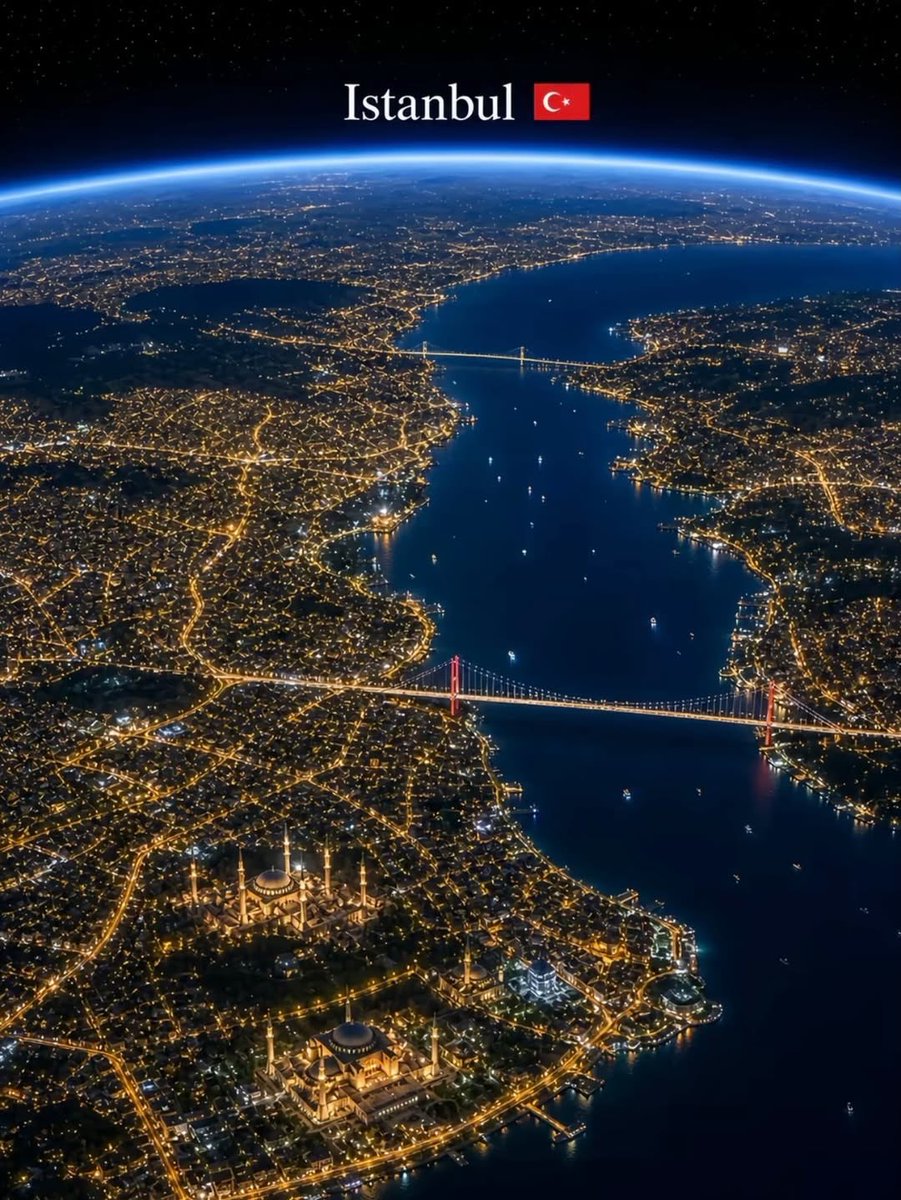 超写实电影级夜景航拍视角,从太空俯瞰一座重要的(CITY NAME)城市,无尽的金色城市灯光绵延铺展在大地上,蜿蜒的河流被灯光照亮穿过城市,标志性的天际线和建筑地标,地球弯曲的地平线带有柔和的...