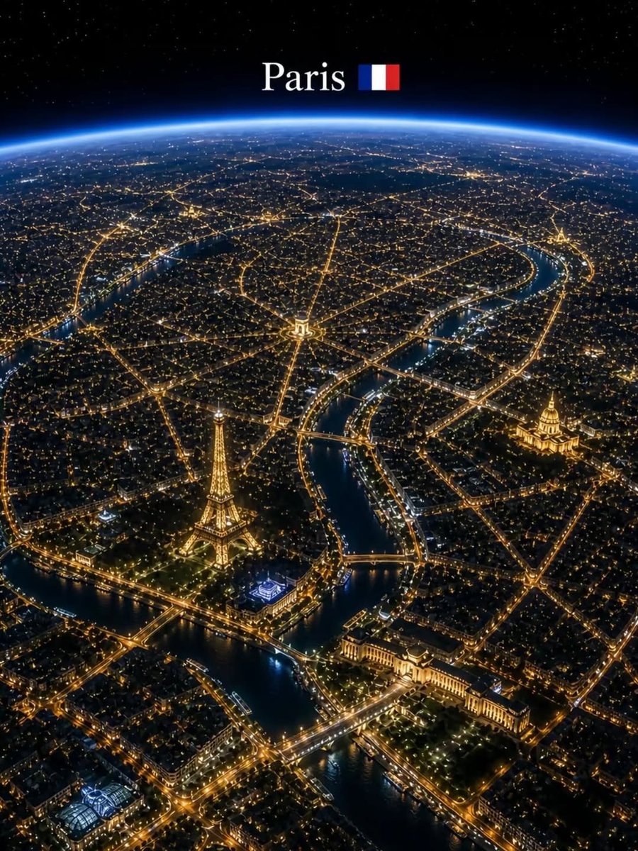 超写实电影级夜景航拍视角,从太空俯瞰一座重要的(CITY NAME)城市,无尽的金色城市灯光绵延铺展在大地上,蜿蜒的河流被灯光照亮穿过城市,标志性的天际线和建筑地标,地球弯曲的地平线带有柔和的...