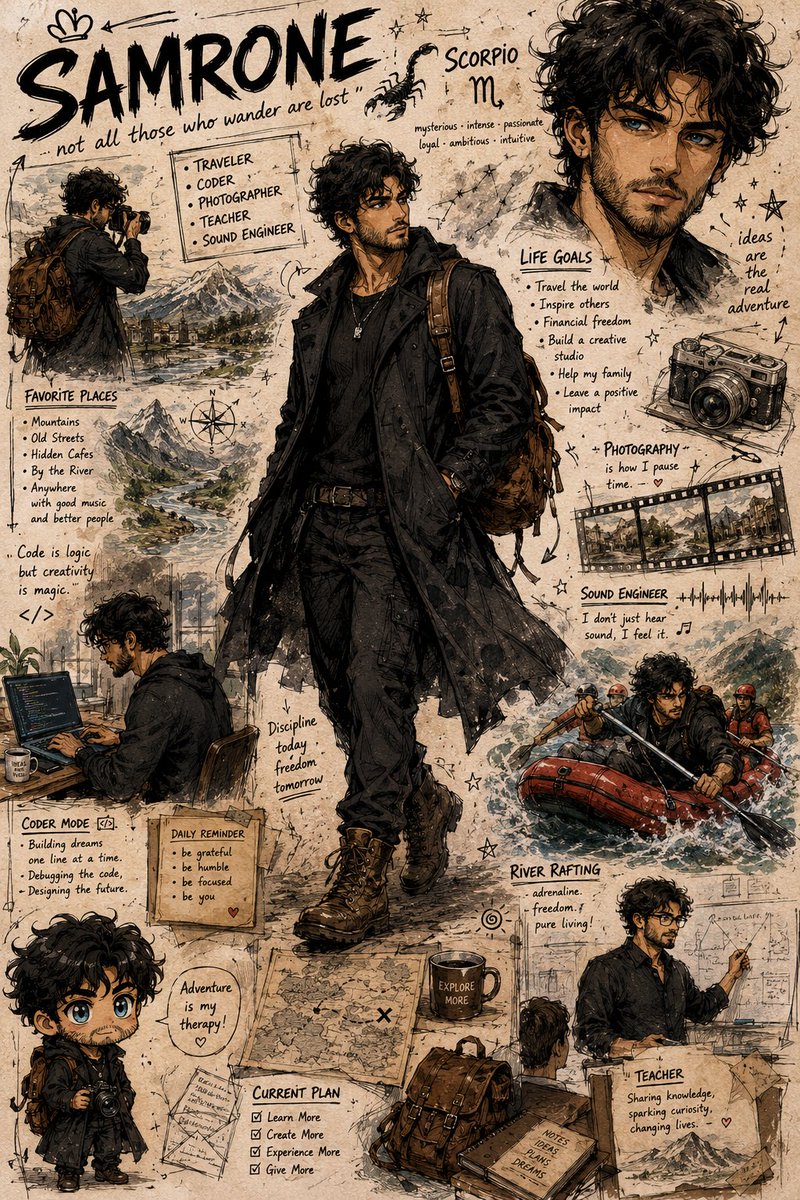 GPT image 2 在 Chatgpt 上 提示词 一张风格时尚的插画人物设定表，主角是一位名叫“SAMRONE”的英俊年轻男子，素描本美学，混合媒介墨水与水彩风格，高度细致的时尚肖像，凌...