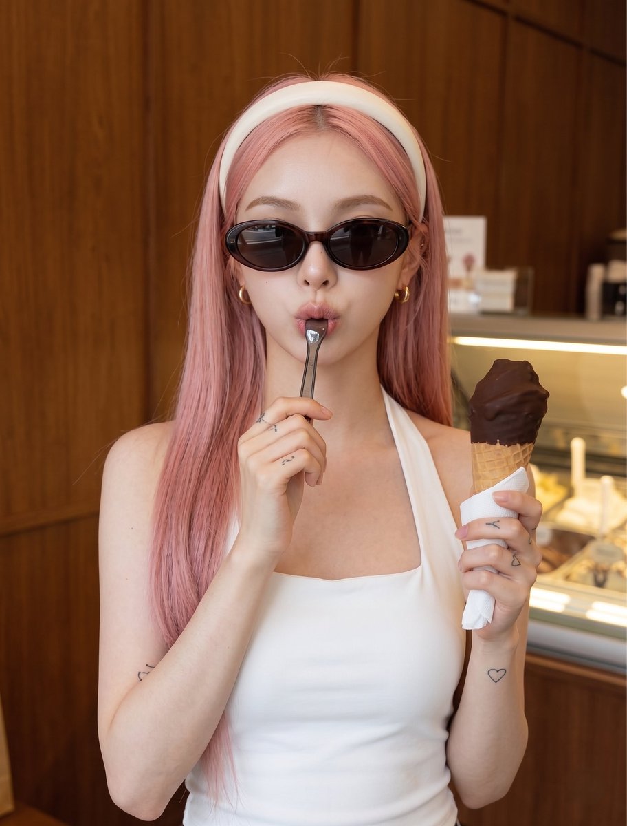主体与外貌 一位年轻女性，拥有苍白的瓷器般肌肤和长直发。 她身穿一件合身的白色无袖方领挂脖上衣。 配饰包括一条粗白色发箍、一副深色椭圆镜片配粗黑镜框的太阳镜，以及小巧的金色圈形耳环。 她的指甲...
