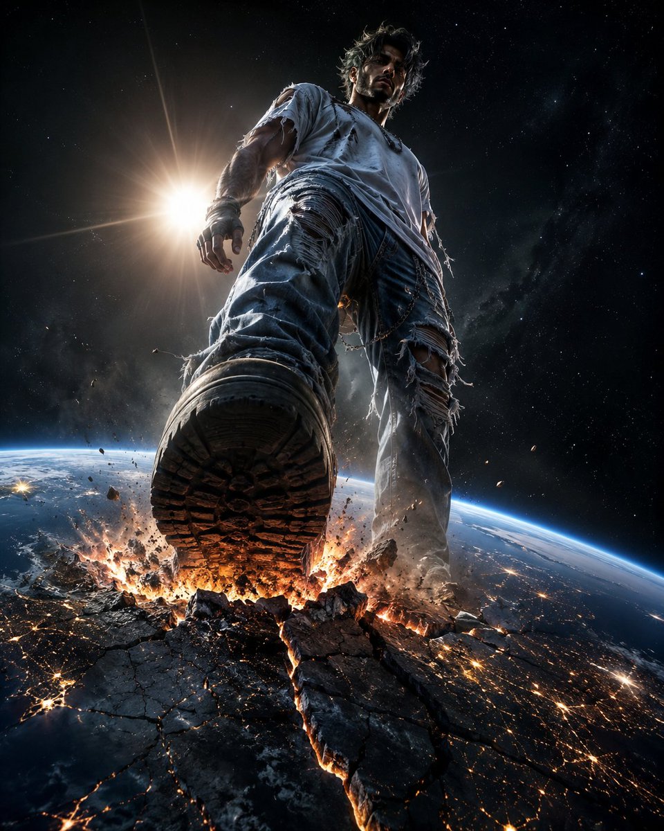 “宇宙还未为他做好准备。” GPT Image 2 on CHATGPT 提示词⤵️ 一张超写实电影级 8K 低角度镜头，描绘一位巨大的男性角色伫立于外太空，正以压倒性的力量踏上地球。他拥有粗...