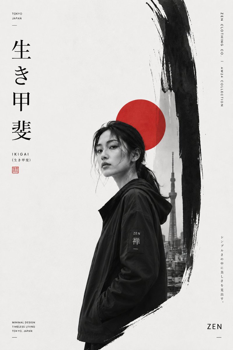 创建一个高级日本灵感的极简主义时尚编辑海报，以一位时尚的年轻女性作为主角。图片类型：极简日式时尚品牌海报，单色编辑广告设计，奢华生活方式海报。主题：街头服饰，极简时尚，日式生活，禅意服饰，当代...