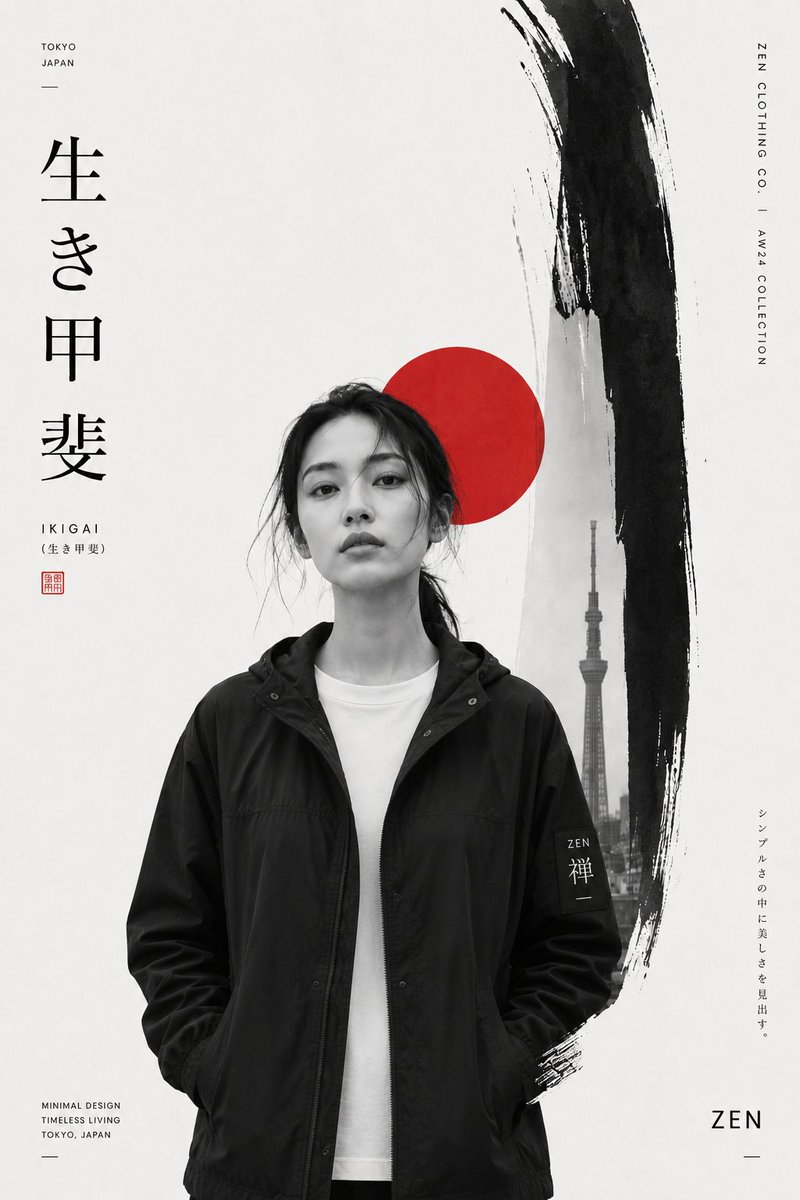 创建一个高级日本灵感的极简主义时尚编辑海报，以一位时尚的年轻女性作为主角。图片类型：极简日式时尚品牌海报，单色编辑广告设计，奢华生活方式海报。主题：街头服饰，极简时尚，日式生活，禅意服饰，当代...