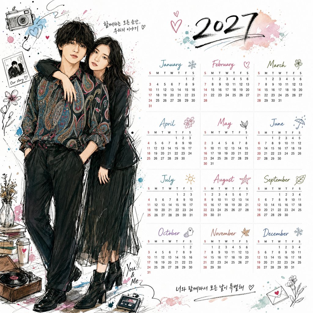 使用这张参考照片制作一份2027年1月至12月的桌面日历。格式：A4纵向。特征：韩国插画风格，独特的角色特征，自然的表情，全身构图，动态姿势，精致的服装细节，手绘涂鸦风格，泼溅笔触，自由线条，...